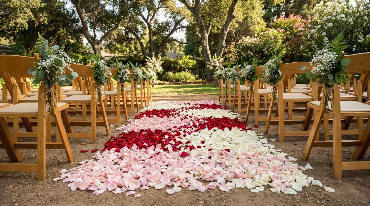 A romantic garden wedding pathway lined with fresh rose petals scattered along the aisle, creating a colorful and fragrant carpet. The simple setup features concentrated bands or gradient patterns of petals transitioning between colors, with small greenery bunches tied to chair corners for vertical interest that complements the ground treatment.