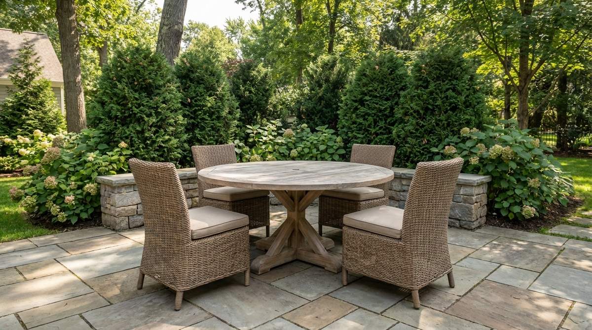A 50-72 inch round pedestal table in an outdoor patio setting, demonstrating optimal conversation flow with ample legroom and efficient space utilization. The circular design promotes equal seating without hierarchical positions, paired with armless dining chairs for easy access. Perfect for corner placement and tight areas where rectangular tables would obstruct circulation.