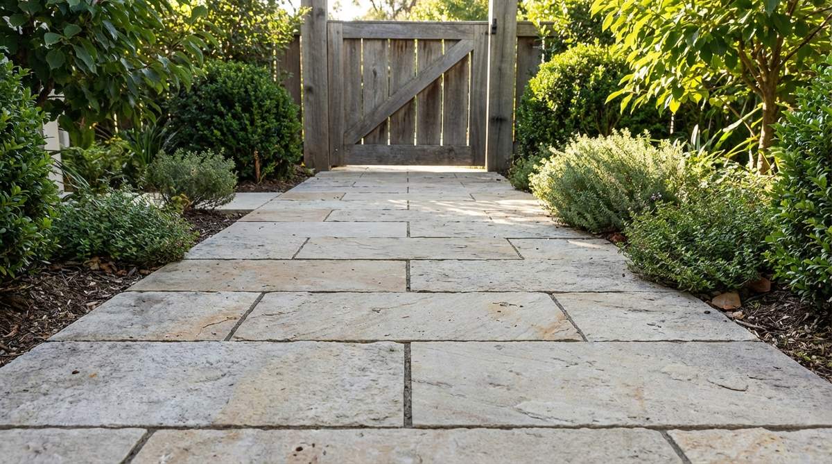 A close-up view of a garden pathway made with rectangular limestone pavers arranged in a running bond pattern. The staggered rows create clean horizontal lines that elongate the path, complementing modern architectural styles. The natural texture and color of the limestone are highlighted, with the pattern efficiently installed to minimize waste and focus on the stone's beauty, ideal for straight pathways leading to garden gates or water features.