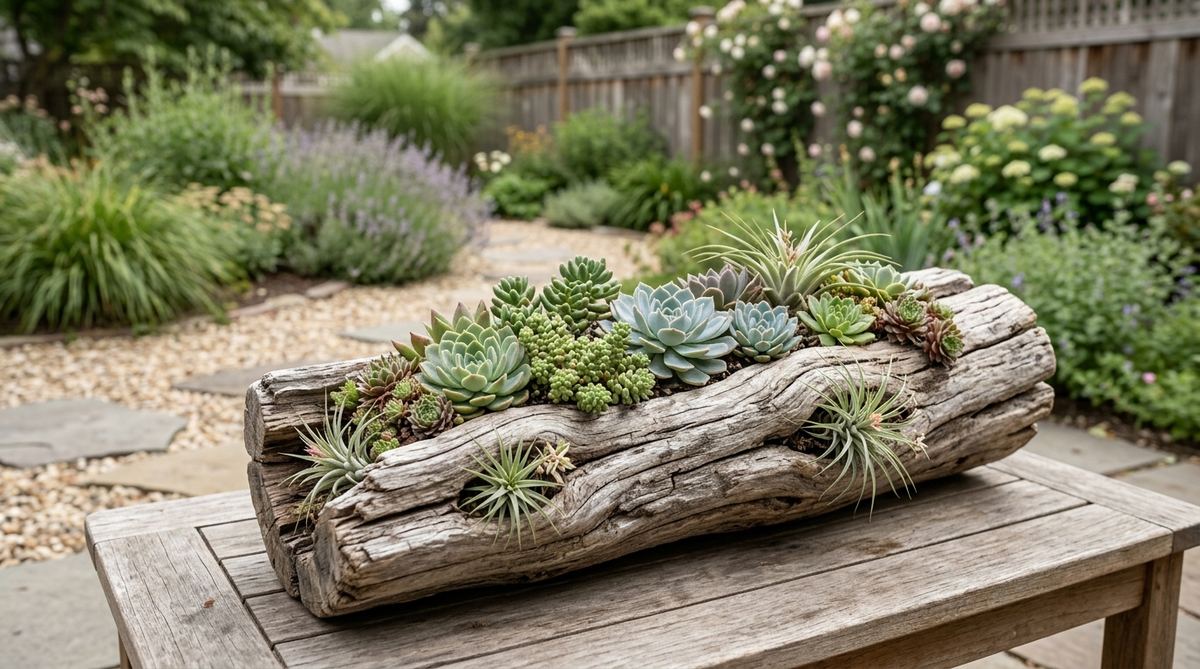 A rustic driftwood planter made from a hollow log, featuring succulents and air plants in a weathered container. Ideal for garden decor, it showcases natural wood textures and drought-tolerant plants, perfect for outdoor tables or wall mounting.