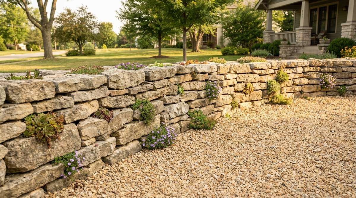A dry-stacked limestone or sandstone wall, 2-3 feet high without mortar, edging a gravel garden. The weathered stone surfaces provide vertical structure and thermal mass, echoing historic Mediterranean landscapes. Buff-colored crushed stone fronts the wall, with plants colonizing gaps between stones, creating planting opportunities for rock-garden species.