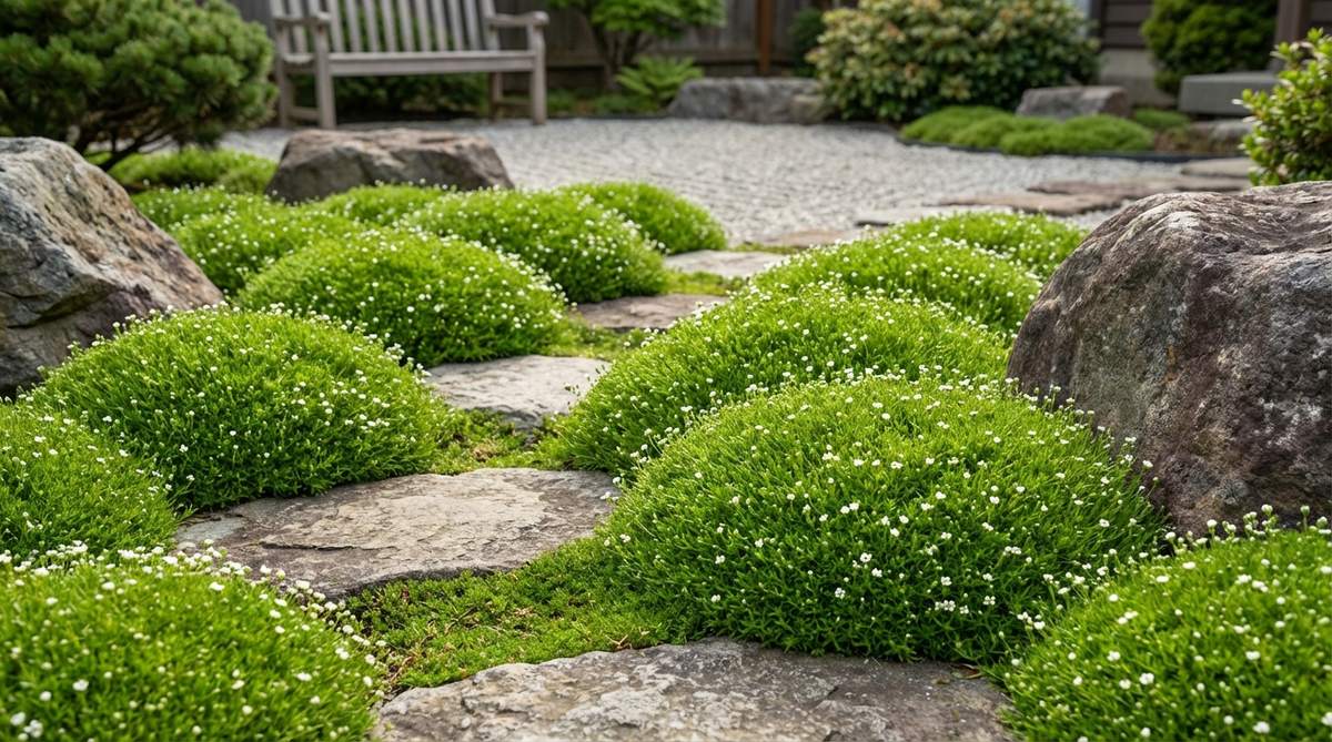 Close-up photo of Sagina subulata (Pearlwort) groundcover forming lush green mounds between stones in a Japanese rock garden. The textured foliage resembles moss, with inconspicuous white spring flowers visible. Ideal for sun-tolerant moss substitutes in open courtyards.