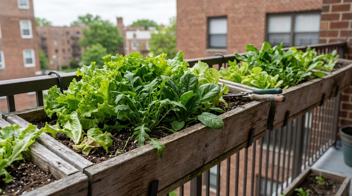 A close-up photo showing shallow boxes installed along a balcony railing, filled with lush cut-and-come-again salad greens like lettuce, arugula, and spinach. The horizontal layout allows easy access for harvesting outer leaves while inner growth continues, demonstrating an efficient urban gardening setup for continuous fresh salads.