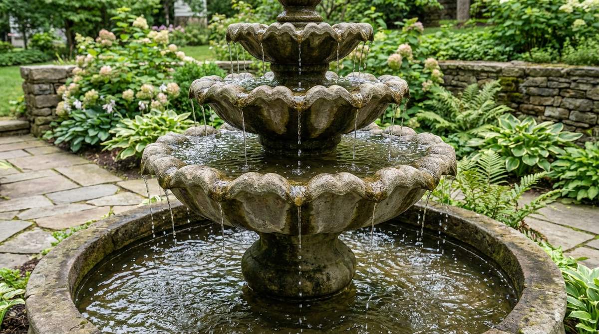 A stone garden fountain featuring a scalloped edge cascade design, where bowl rims with repeating scallops direct water into specific drip points, creating rhythmic dripping patterns that sound like natural rain. This traditional fountain detail suits cottage garden styles and offers meditative qualities similar to wind chimes.
