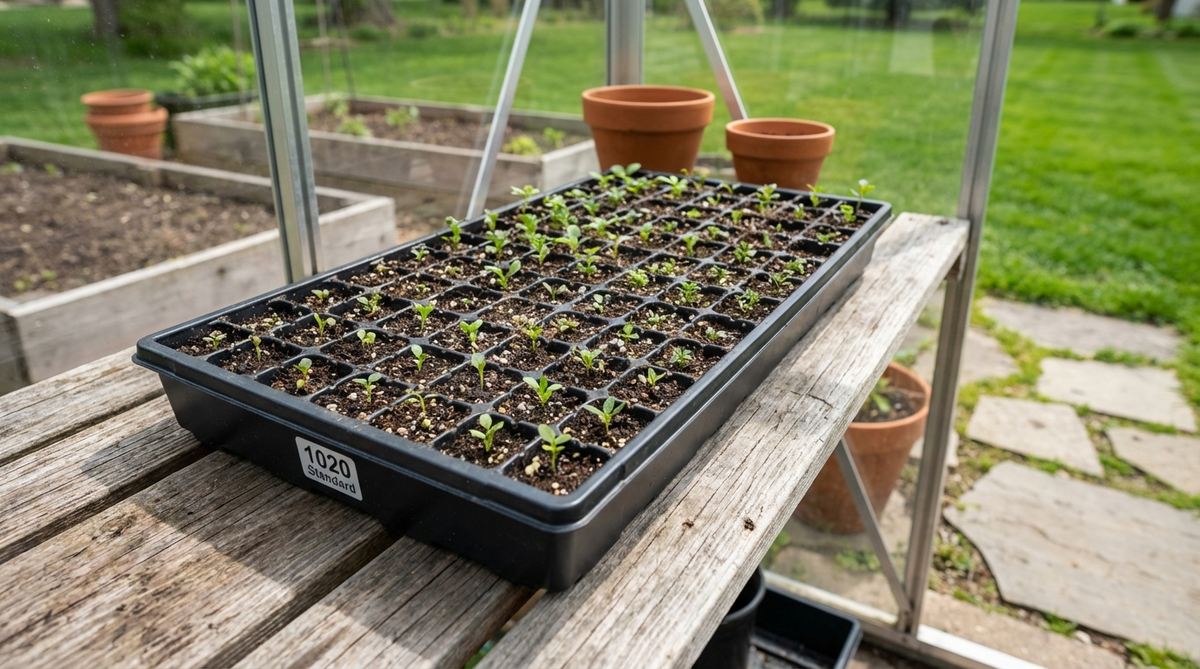 A high-density 72-cell compact starter tray in a standard 1020 size, perfect for starting small seeds like flowers, herbs, and greens in a mini garden greenhouse. Each 1-inch square cell promotes efficient root development for early transplanting.