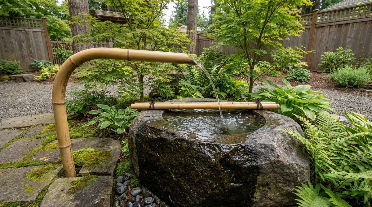 A traditional Japanese garden water feature showing a single-spout kakei bamboo pipe delivering water through a horizontal bamboo spout over a stone basin. The naturally curved bamboo culm positions the spout 6-12 inches above the water surface, creating a smooth stream that produces gentle splashing sounds on stone. This installation demonstrates how flow rates can be adjusted to control ambient noise levels from soft trickling to more pronounced pouring effects.