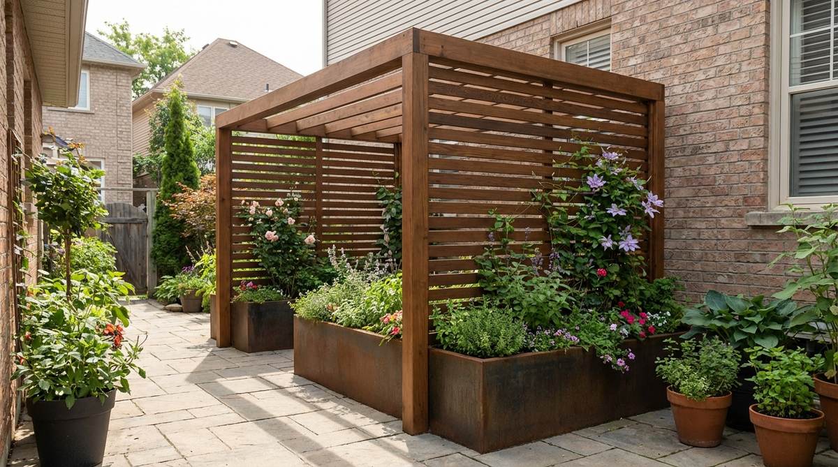 A modern garden trellis featuring slatted privacy panels with integrated planter boxes at the base, designed for urban gardens to combine container gardening with vertical growing space, maximizing plant diversity in limited areas like balconies, patios, or narrow side yards.