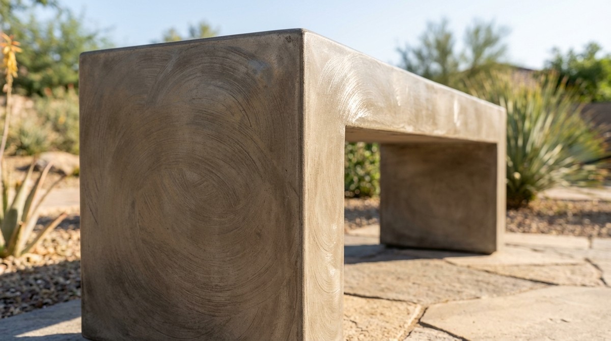 Close-up detail of steel-troweled concrete legs with a near-polished finish on a modern garden bench, showing the refined surface that complements contemporary landscapes. The image demonstrates the circular trowel technique and the enhanced sheen from concrete densifier application.