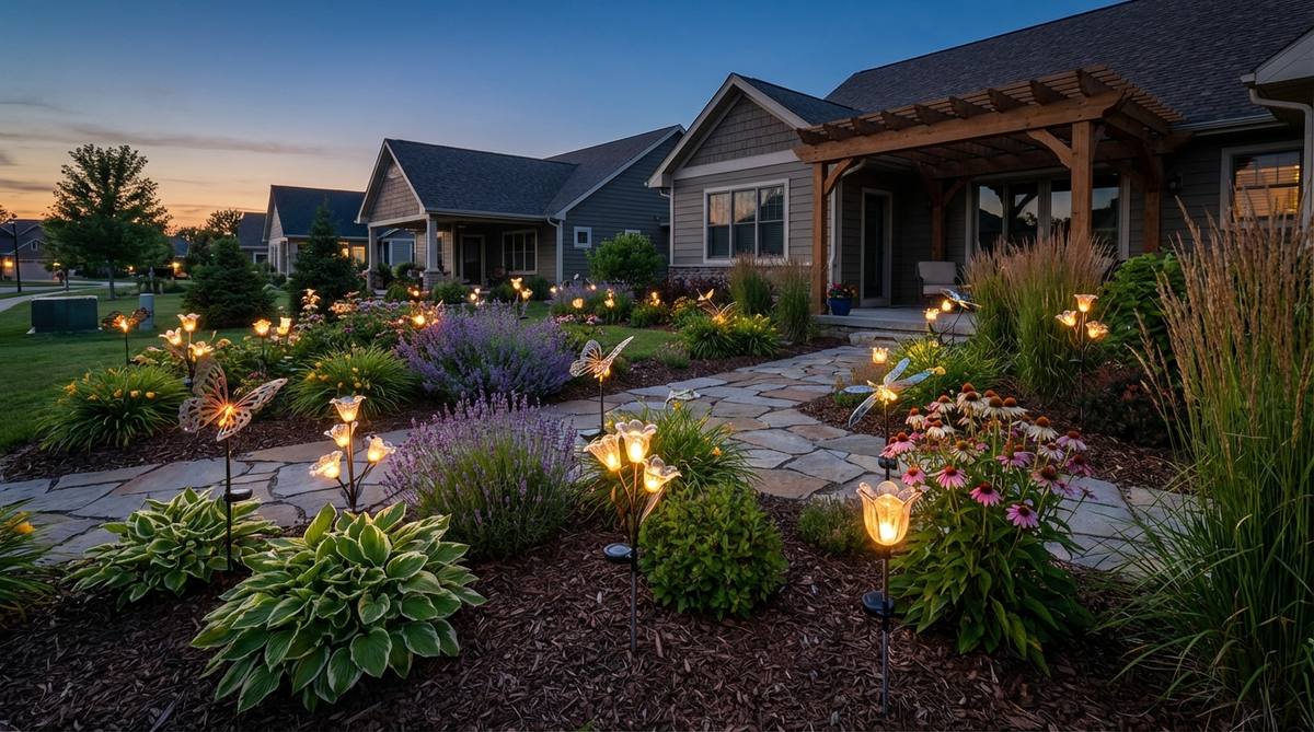 Decorative solar garden stakes shaped like flowers, butterflies, and dragonflies that add whimsical lighting to planting beds and perennial borders. These playful novelty stakes create charming conversation points during evening garden tours.