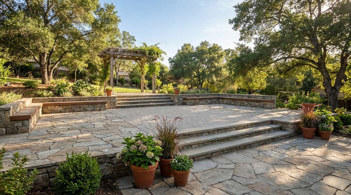 A split-level stone terracing design in a garden wedding setting, featuring multiple terraces connected by shallow steps to create distinct zones for cocktails, dining, and dancing on a sloped site. The terraces use consistent stone materials with smooth pavers for the dance floor and rougher flagstone for cocktail areas, while low stone walls between levels serve as casual seating, embracing the natural topography for a cohesive and functional layout.