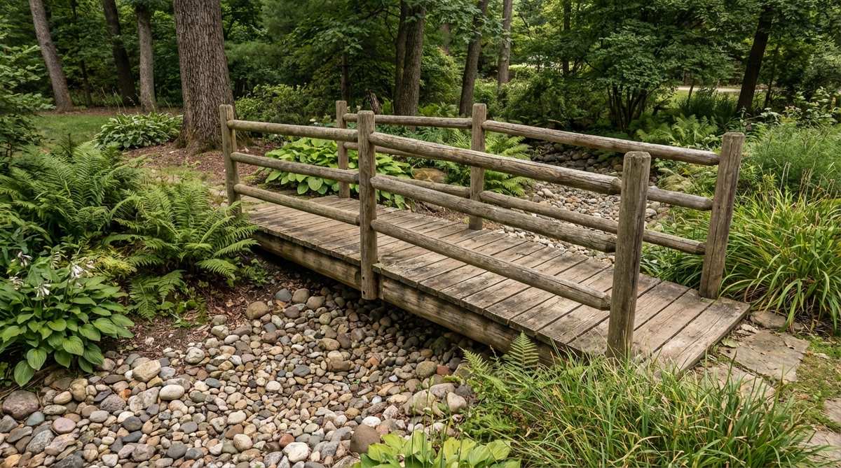 A rustic split-rail log bridge made from half-round logs forming railings and flat planks creating the walking surface. The bridge spans a dry creek bed filled with river stones, surrounded by native plantings and woodland settings, evoking pioneer craftsmanship and backcountry trails.