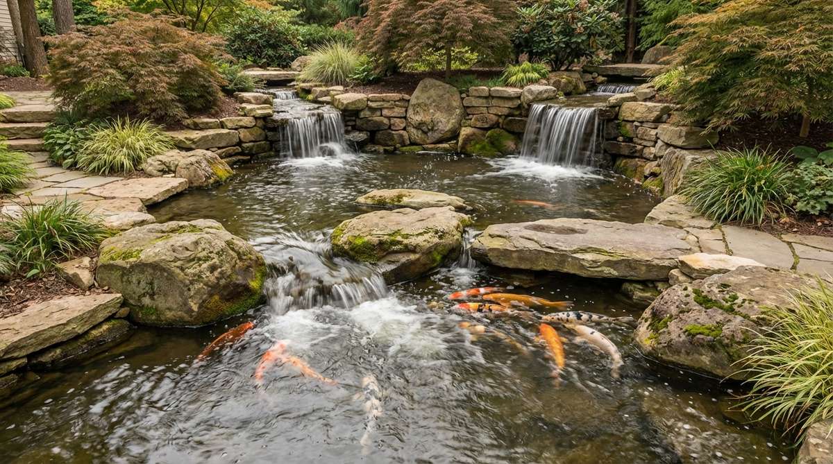 A split-stream dual waterfall in a Japanese garden pond, with water divided into two separate falls entering from different angles, creating dynamic movement patterns. Strategically placed stones redirect the flow, preventing stagnant zones and establishing multiple circulation currents. Koi fish are visible congregating near the dual entry points where oxygen concentration is high and water temperature remains cooler.