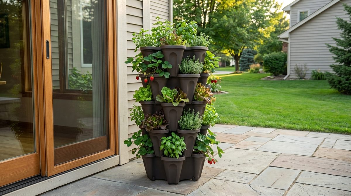 A modern garden bed featuring stacked vertical columns with multiple planting pockets, showcasing a compact tower planter system that grows 20-30 plants in just 2 square feet. The GreenStalk-style rotating design ensures even sun exposure and easy maintenance, ideal for high-yield crops like strawberries, lettuce, and herbs. Positioned conveniently near a kitchen door for easy culinary access.