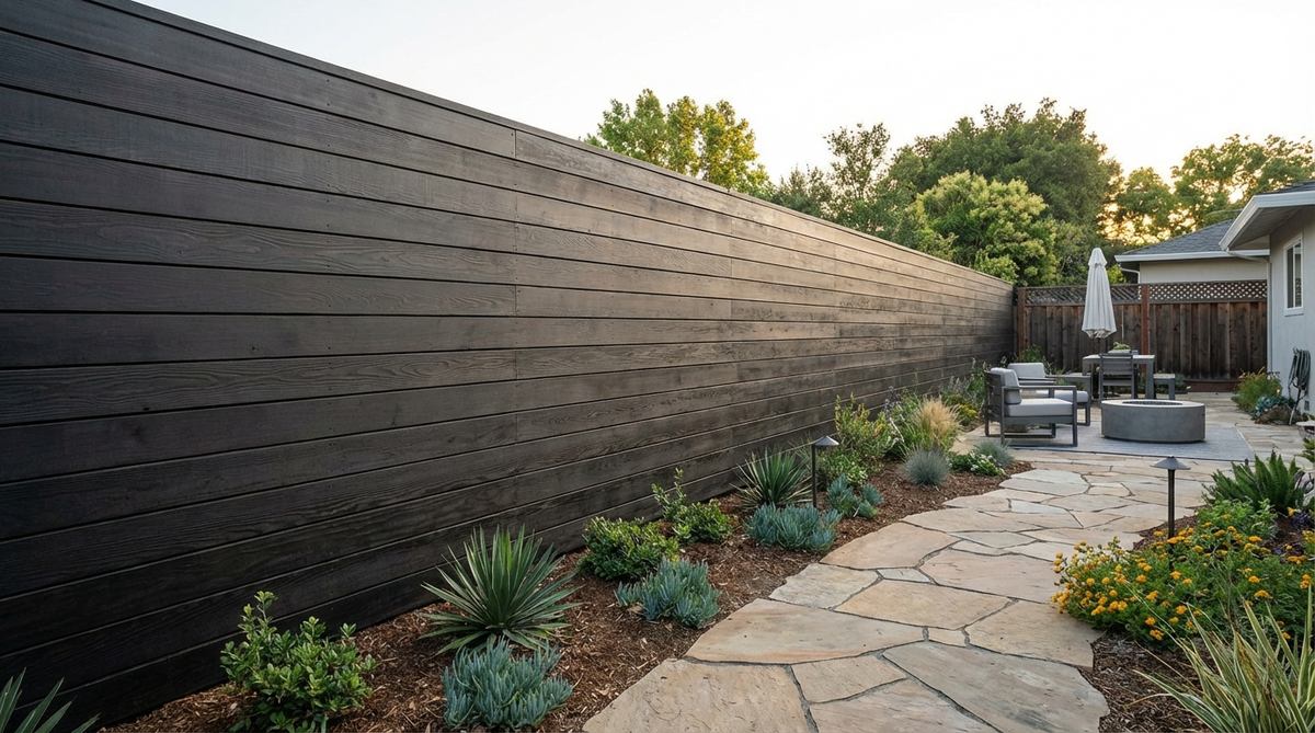 A contemporary garden fence featuring stained horizontal redwood boards in charcoal or graphite tones, showcasing the fine grain and natural beauty of California redwood with a calming visual flow.