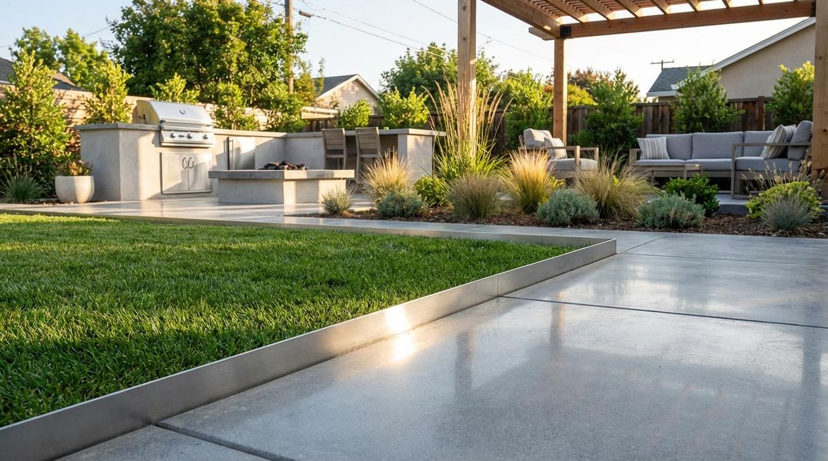 A modern garden with stainless steel thin-line edging creating a clean separation between lawn and polished concrete. The bright metallic finish reflects light with a minimal 0.5-1.5mm profile, providing corrosion-resistant, maintenance-free luxury landscaping.