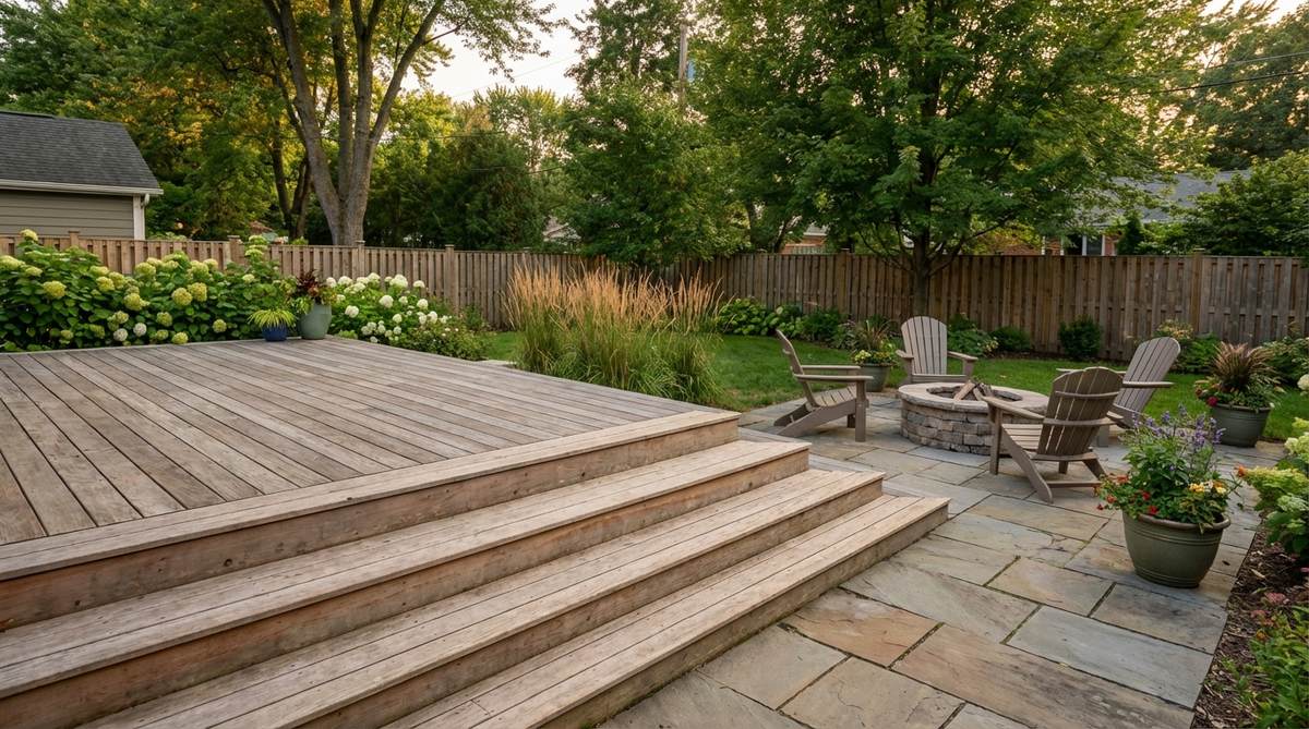A small garden deck with widened stair treads serving as informal seating, positioned near a conversation area to provide varied heights for guests during gatherings.