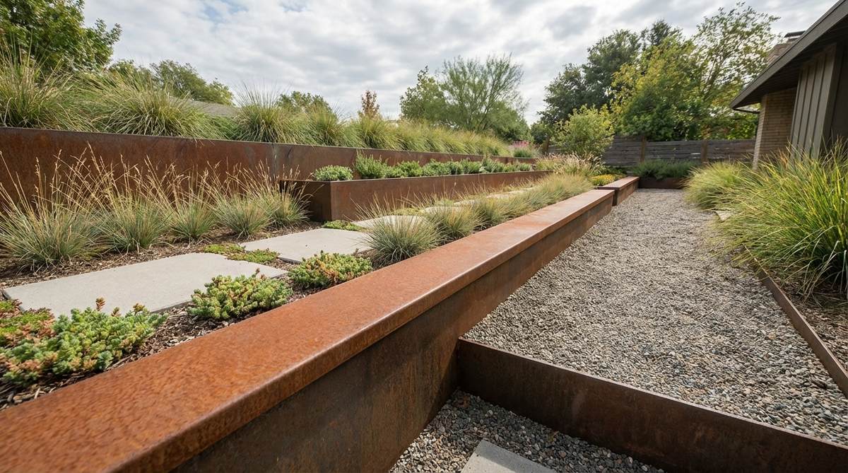 A close-up view of weathering steel edging and coping strips defining crisp boundaries in a mid-century modern garden, showcasing geometric precision with sharp lines and a characteristic rust patina.