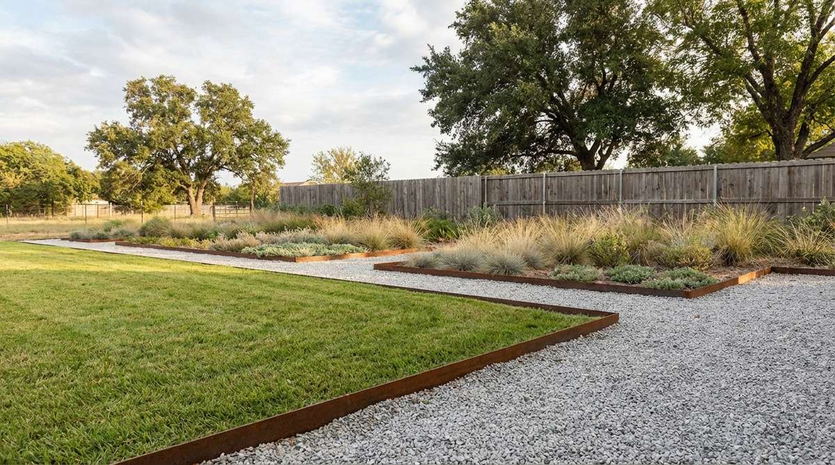 A minimalist garden featuring thin steel edging strips that create crisp boundaries between grass, gravel, and planting beds. The steel bends into smooth curves and angles, with Corten steel developing a warm rust patina that complements monochrome palettes. Installed flush with the soil surface for easy mowing and a clean, modern aesthetic.