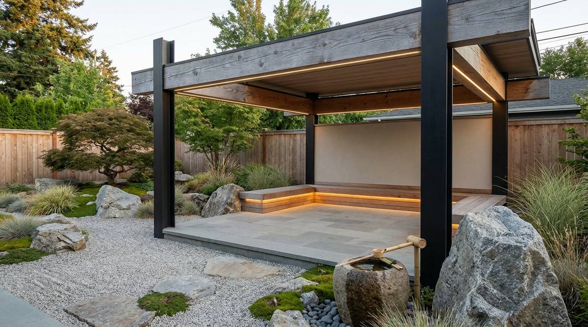 A contemporary open-air meditation pavilion featuring blackened steel posts and Douglas fir beams, designed for reflection and tea ceremonies in a modern Japanese rock garden. The geometric steel frame contrasts with the organic wood grain, with integrated LED lighting for evening ambiance and weather-resistant finishes that allow a natural silver-gray patina to develop, harmonizing with surrounding stone elements.
