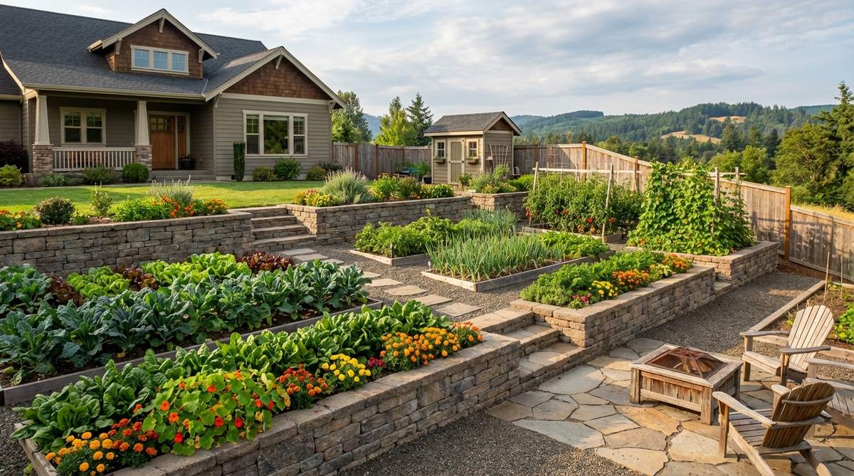 A terraced hillside garden with short retaining walls made of stone or timber, creating multiple levels of raised beds filled with leafy greens, onions, and colorful flowers. The terraces are connected by stone steps or gravel paths, with taller crops planted on upper levels to avoid shading lower beds. This design transforms a sloped area into productive small garden space while stabilizing the soil.