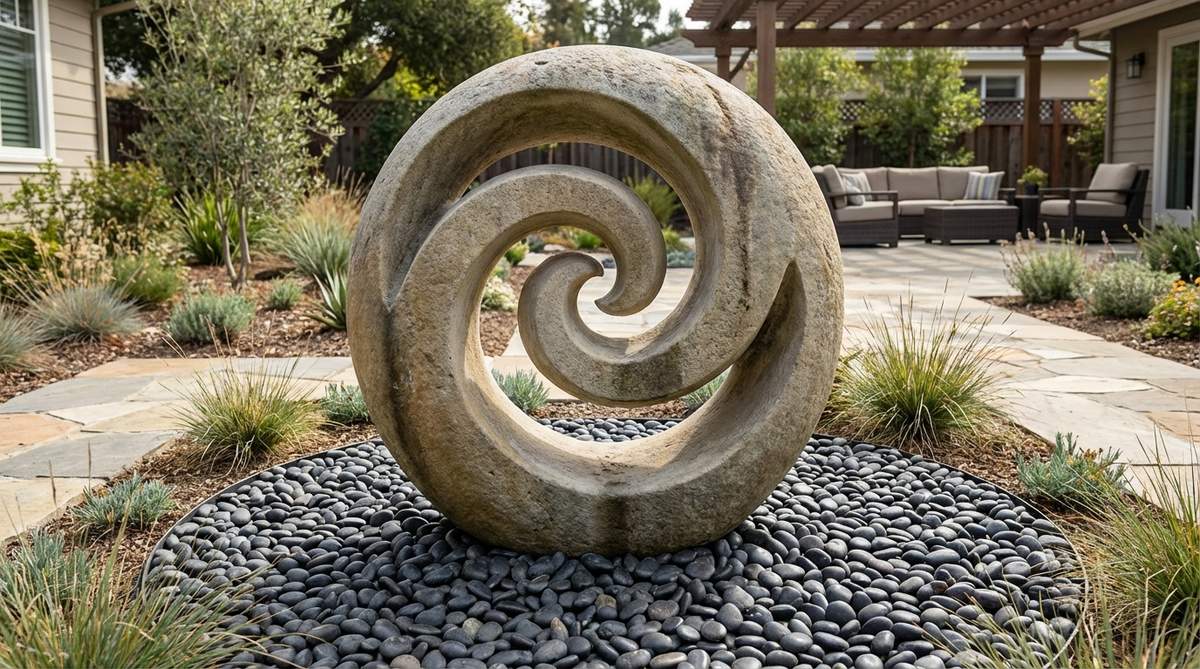 A carved stone spiral sculpture representing meditation's continuous journey and life's cyclical nature, placed within polished black pebble beds for dramatic contrast. The flowing form embodies infinity with no beginning or end, while negative space within the spiral teaches lessons about emptiness and fullness.