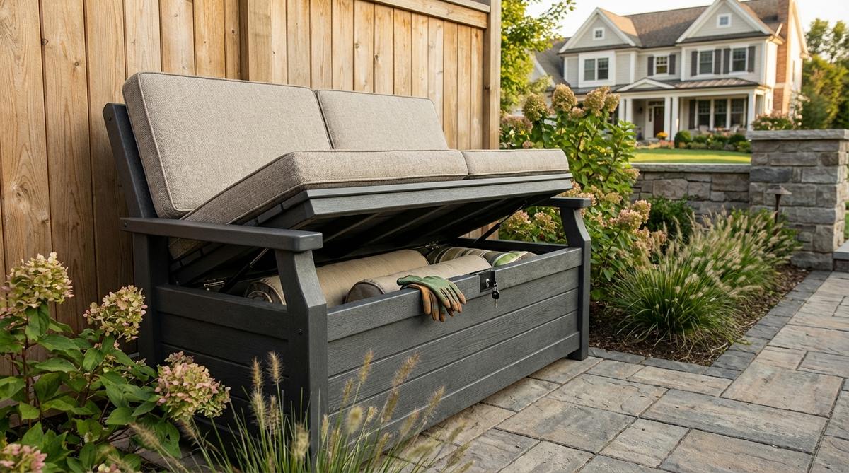 A waterproof storage bench with lift-top seating, ideal for small garden furniture. Features cushioned seating that conceals 50-80 gallons of storage space for cushions, gardening tools, outdoor toys, or grill accessories. Includes gas-lift hinges for hands-free access and lockable options for security. Designed with finished back panels for versatile placement against walls or as room dividers on patios.