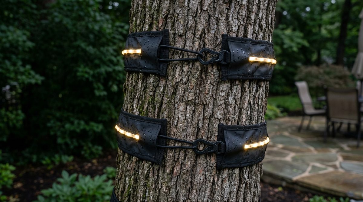 Close-up image showing StretchNet Pro expandable wraps with elastic cording that fits tree trunks from 8 to 36 inches. The wraps feature simple loop clasps for tool-free installation without damaging bark, ideal for landscape professionals managing multiple properties. Durable construction resists UV exposure and weather cycling for over five seasons. Available with warm white LEDs for classic elegance or color-changing options for dynamic seasonal displays.