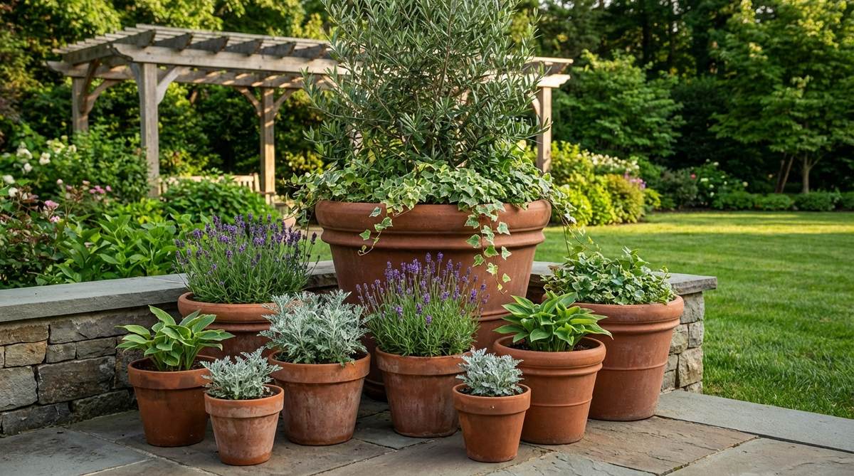 A graduated arrangement of terracotta pots in descending sizes, creating a sculptural focal point for terrace gardens. The classic clay pots show their natural porous texture, with plants arranged in a cohesive color palette. The largest pot is positioned at the rear-center, demonstrating proper arrangement techniques for stability and visual appeal.