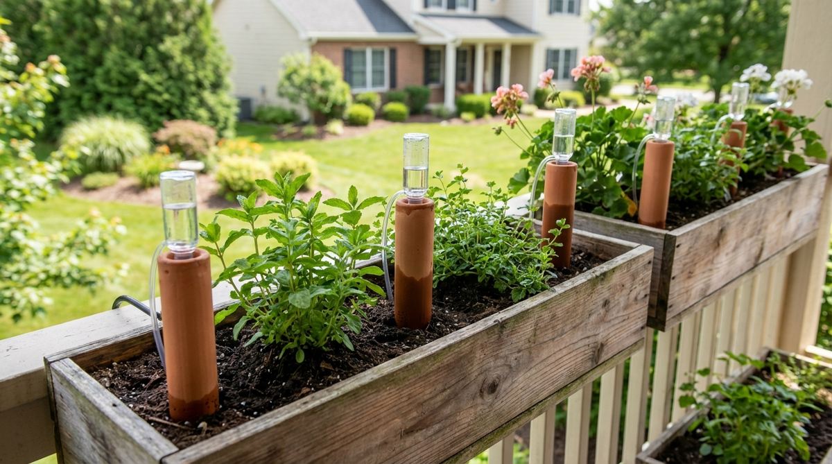 Terracotta wick inserts, porous clay stakes used in balcony garden boxes to provide gradual water release, converting standard pots into self-watering systems without container replacement.