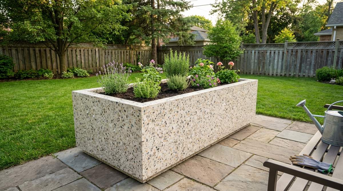 A raised bed garden planter made from terrazzo, featuring unique speckled patterns created by stone chips in a binding agent. It offers stone-like durability with lighter weight, excellent frost resistance for winter climates, and a smooth, polished surface that is easy to clean and stain-resistant.