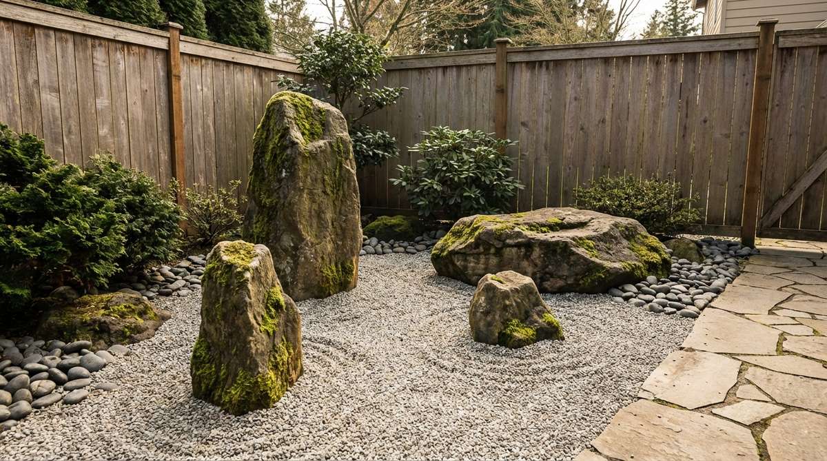 A classic Japanese Zen garden arrangement featuring three stones of varying heights positioned in an irregular triangle formation. The dominant vertical stone provides focal emphasis, while the anchoring and subordinate stones create visual balance and weight distribution. This fundamental pattern demonstrates the minimalist aesthetic and harmonious composition principles of traditional Japanese rock gardens.