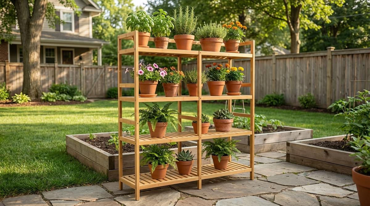 A freestanding tiered bamboo shelving unit in a small garden, showcasing multiple levels of plants with 8-10 inches of spacing between shelves. The lightweight design allows easy repositioning to optimize sunlight, with sun-loving herbs and flowering annuals displayed on the upper tiers for better light exposure.