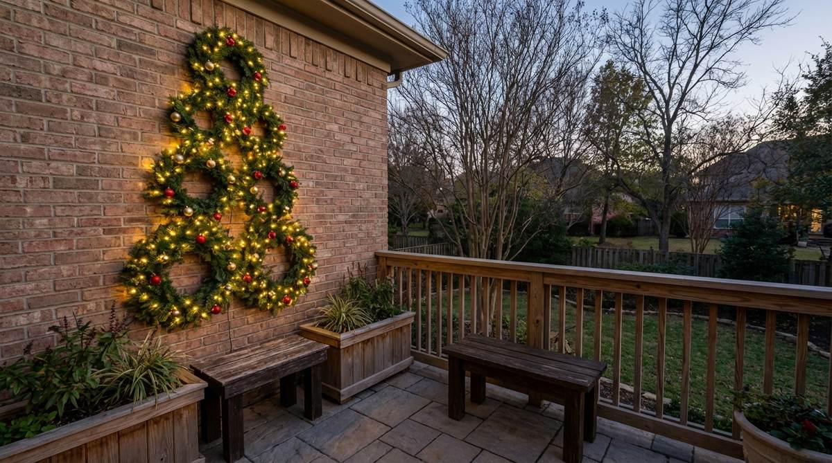 A vertical Christmas tree alternative created with multiple graduated wreaths mounted on an exterior wall, featuring battery-operated LED lights for evening illumination on a balcony.