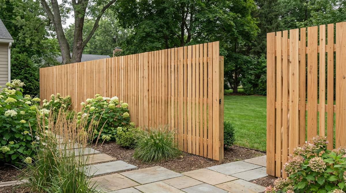 A modern garden fence featuring narrow vertical pickets spaced closely together, creating a privacy barrier with updated traditional elegance. The design uses rot-resistant materials and allows for proper drainage with small gaps between boards.