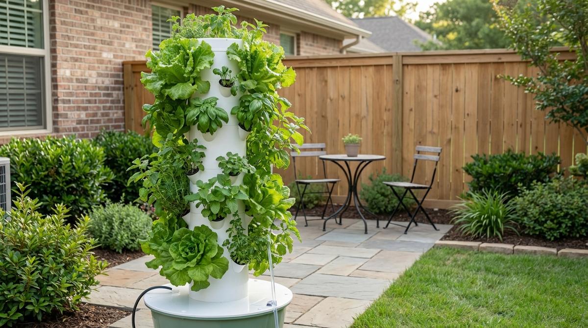 A vertical hydroponic tower garden system in a small backyard space, showing stacked planting sites with lush greens and herbs growing without soil. The compact design maximizes limited space while providing year-round fresh produce.