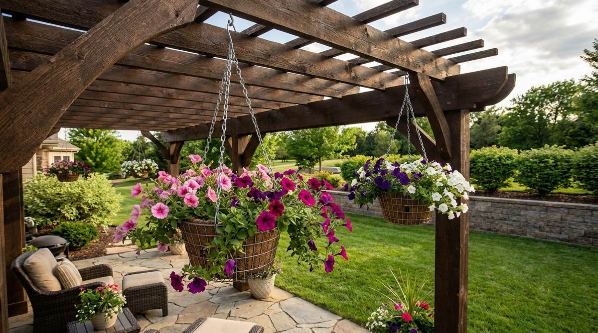 Vibrant trailing petunia baskets cascading from a pergola with pink, purple, and white blooms in wire baskets hung with galvanized chains, showcasing garden hanging decor for spring through fall color.