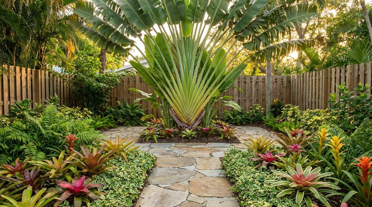A traveler's palm plant with its distinctive fan-shaped arrangement of large leaves, serving as an architectural focal point in a tropical garden design. The symmetrical form anchors the composition at the end of a walkway or in a courtyard, surrounded by low-growing bromeliads and ground covers that complement without competing for attention.