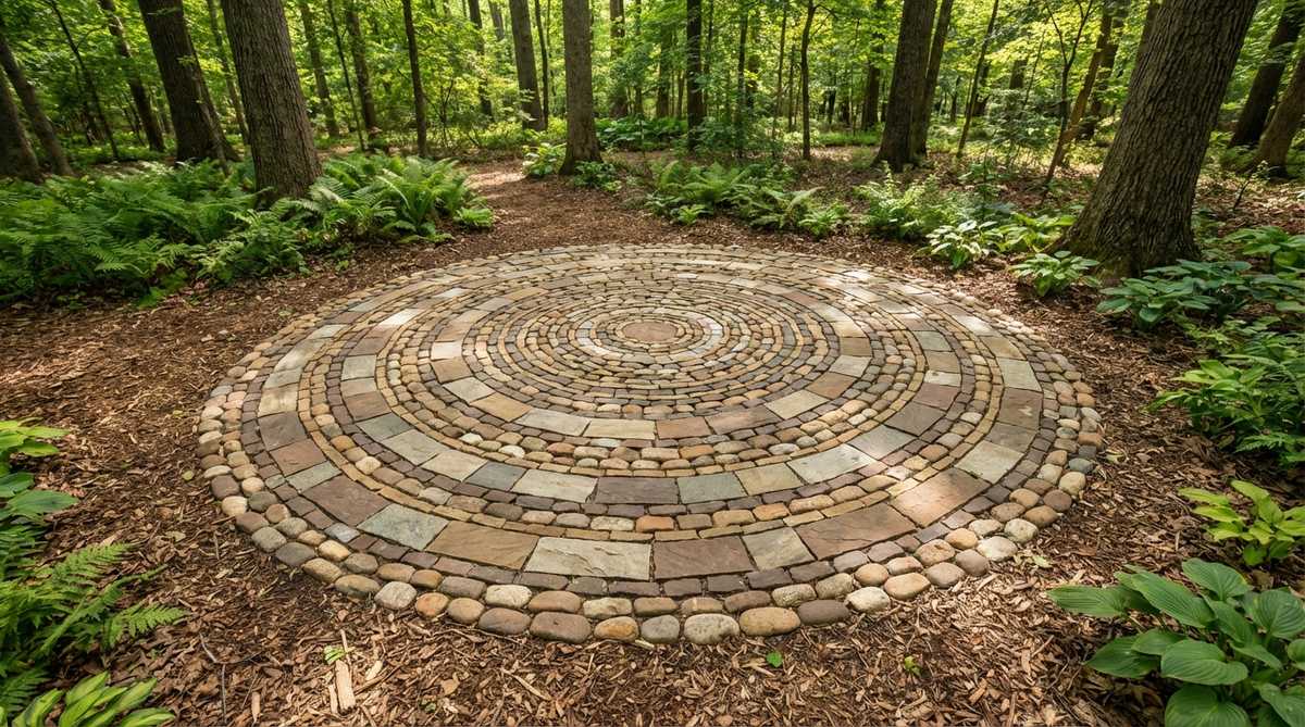 A stone garden mosaic featuring concentric rings in varying widths, inspired by tree cross-sections. Alternating colors highlight the growth pattern effect, with irregular spacing to mimic natural annual variations. Ideal for framing tree trunks or as standalone medallions in woodland gardens and naturalistic landscapes.