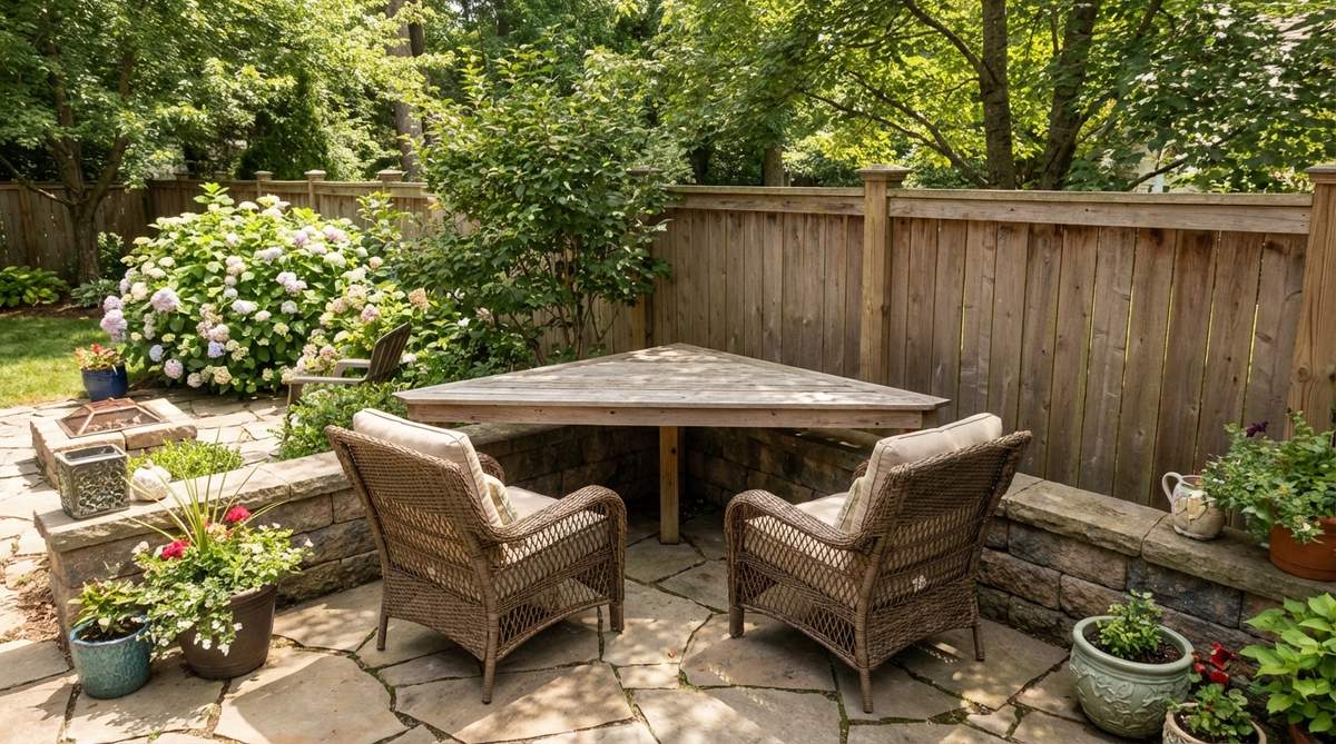 A triangular corner table designed to fit perfectly into 90-degree corners, maximizing usable surface area and eliminating wasted space in cozy garden settings. Ideal for tight corners measuring 4x4 feet or smaller, with two chairs positioned on the open side for optimal views.