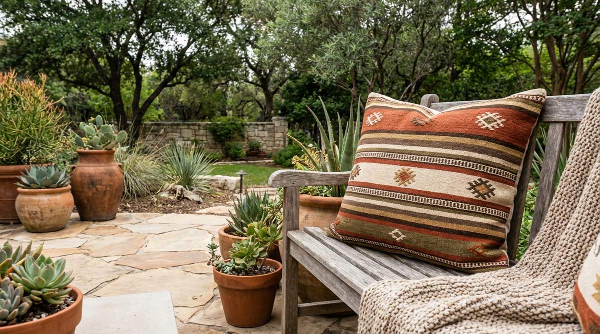 A woven pillow featuring bold horizontal stripes in earth tones with tribal motifs and geometric accents, adding texture and visual rhythm to boho decor seating areas.