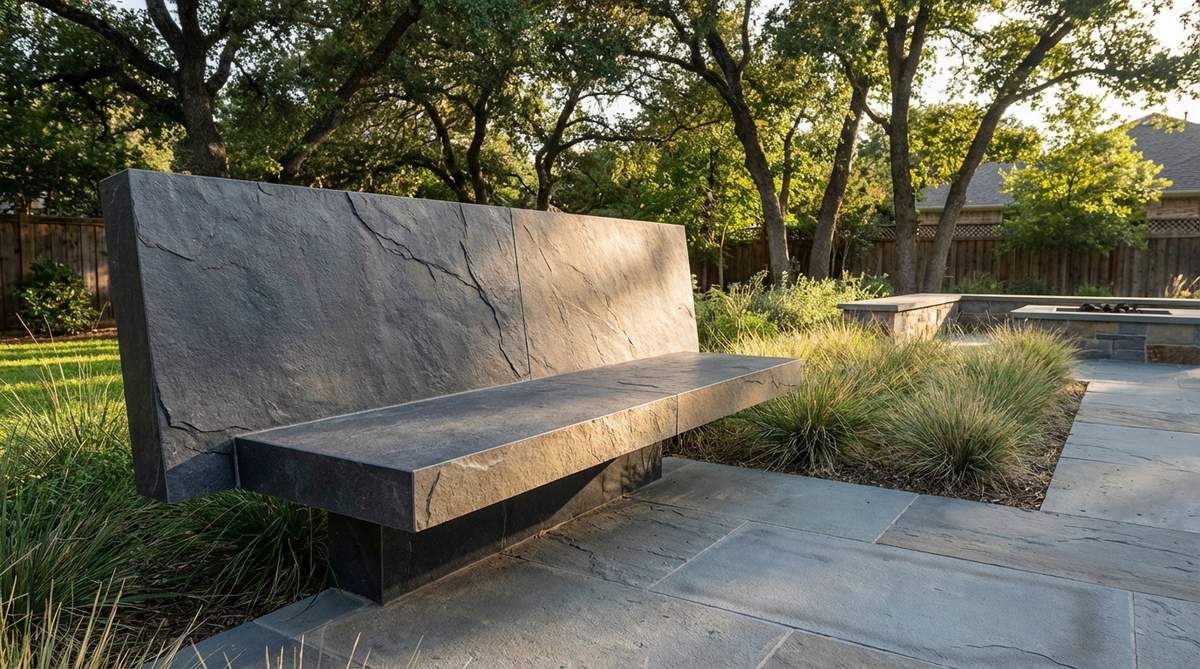 A modern garden bench made from large-format, ultra-thin porcelain slabs, designed to mimic natural stone with a lightweight, durable, and low-maintenance finish.