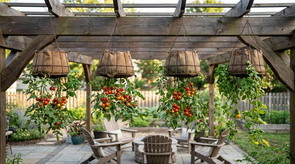 A close-up image showing upside-down tomato planters suspended from pergola crossbeams, with cherry tomatoes and trailing vegetables growing healthily. The setup demonstrates efficient use of space, improved air circulation, and pest reduction in outdoor decor.