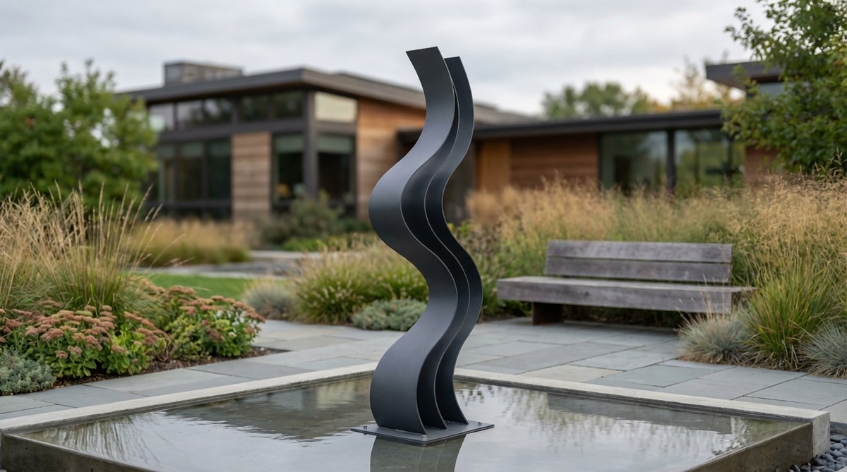 A tall vertical wave sculpture in powder-coated steel, rising 6-8 feet high with sinuous curves, positioned in a minimalist garden or along a modern water feature to add movement and balance to the landscape.