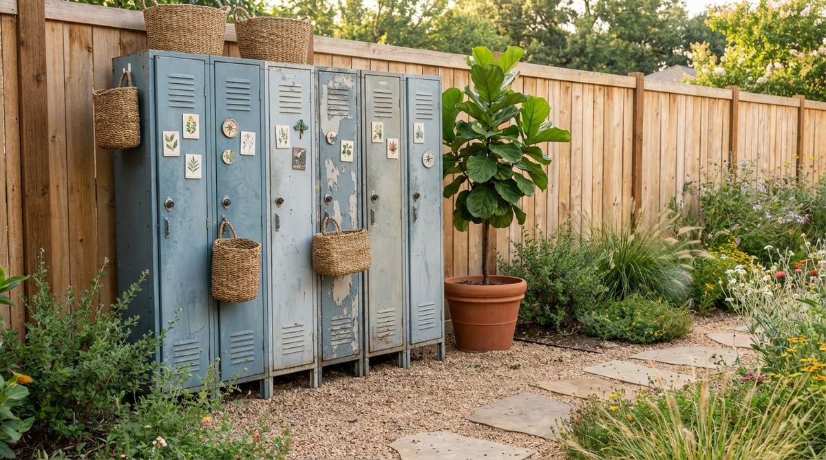 Repurposed vintage metal lockers with weathered finishes used as storage in industrial boho decor, softened with woven baskets, decorative magnets, and a potted fiddle leaf fig for contrast.