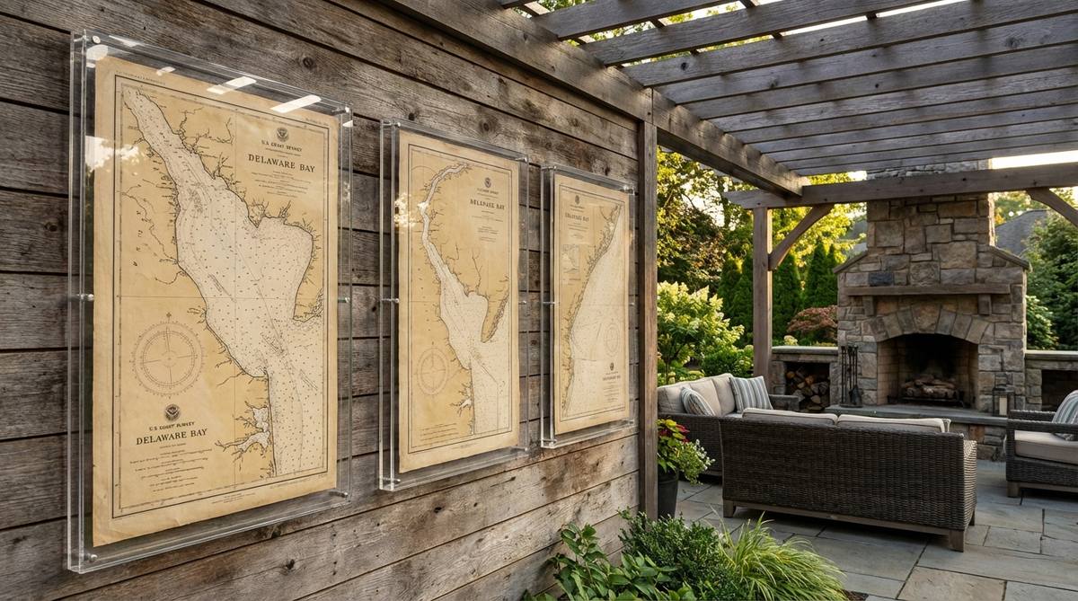 Antique navigation charts of local waters displayed in marine-grade acrylic frames with UV-protective glazing, ideal for covered patios and outdoor rooms. Features aged paper tones, hand-drawn coastlines, and technical details like compass roses, providing sophisticated visual interest and reinforcing a maritime theme in outdoor decor.