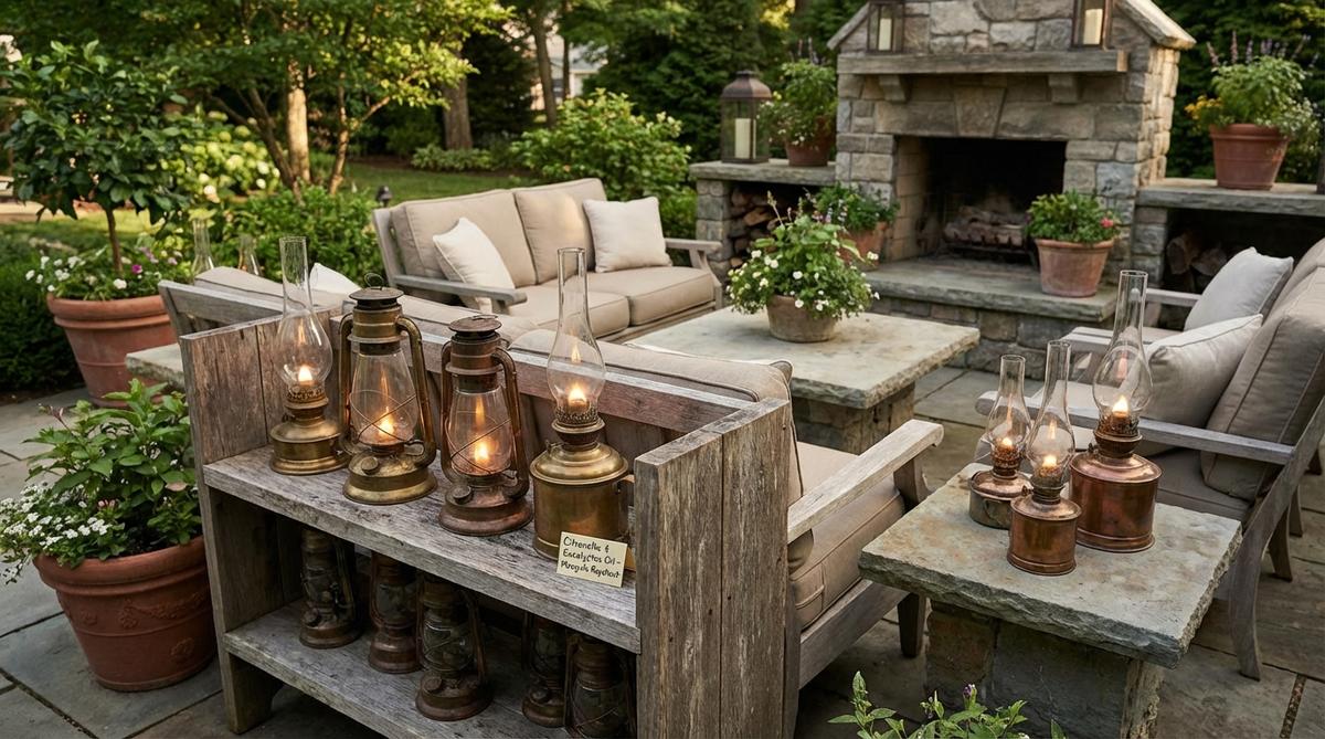 A collection of antique hurricane lamps and oil burners with glass chimneys and brass or copper bases, displayed on weathered shelves or clustered on outdoor tables, providing authentic vintage lighting with mosquito-repelling benefits for boho garden decor.