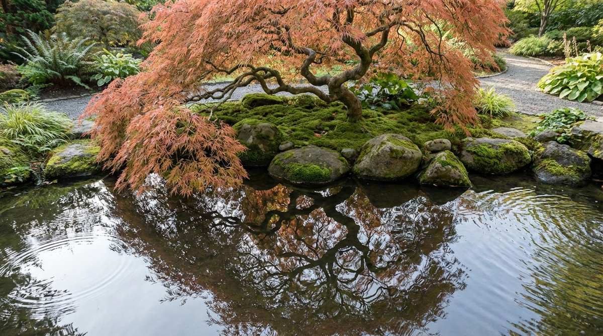A weeping maple tree, such as the 'Inabashidare' variety, positioned at the edge of a pond with its cascading branches arching gracefully over the water surface. The reflection creates a doubled visual impact and canopy effect, with minimal pruning to preserve the natural weeping habit, allowing glimpses of the water beneath and underplanted with shade-tolerant moss. This arrangement frames water views, and the maple's movement in the breeze produces dancing shadows and ripples across the pond, enhancing the serene and dynamic aesthetics of a Japanese garden design.