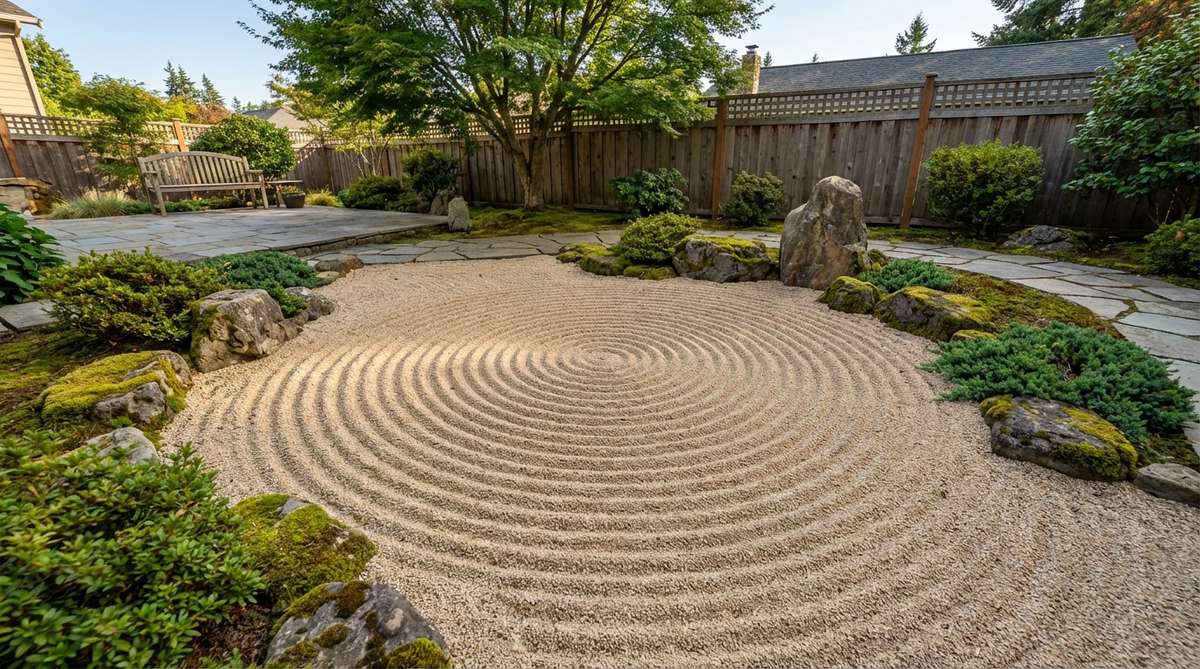 A detailed image of the Whirlpool (Maru-uzu-mon) pattern in a Zen garden, showcasing circular ripples spiraling inward or outward to represent turbulent water in eddies. The design adds dramatic movement and captures attention, with raked sand forming gradually tightening or loosening curves to symbolize energy flow. Ideal for illustrating traditional Japanese garden art and meditation practices.