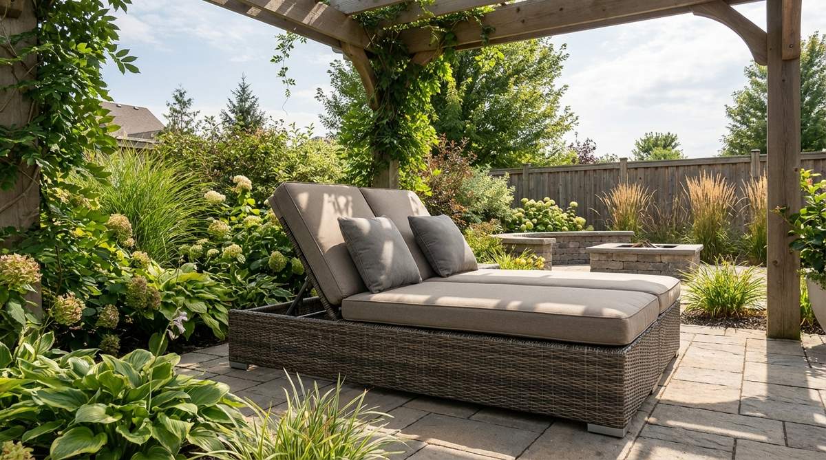 A durable wicker rattan lounger with thick cushions, featuring all-weather synthetic rattan woven over aluminum frames. The lounger is shown in a relaxed garden setting under a pergola, showcasing its neutral brown and gray tones that complement various garden color schemes.