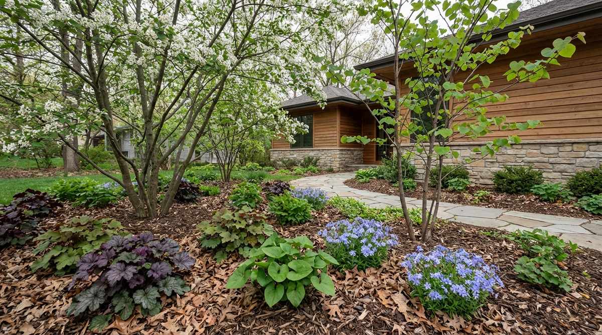 A modern front yard woodland edge garden featuring shade-tolerant native plants like coral bells, wild ginger, and woodland phlox beneath serviceberry or redbud trees. The design mimics forest floor ecology with layered canopy heights, mulch for weed suppression, and leaf litter for soil health, creating a refined woodland character suitable for shaded areas.